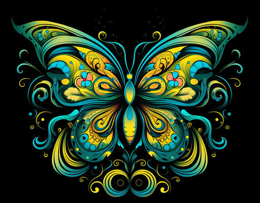 Tribal butterfly in digital art, dark blue and yellow tones