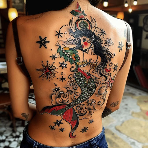 Traditional tattoos for women with mermaids and nautical stars