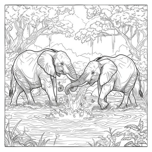 Elephants spraying water in a jungle river