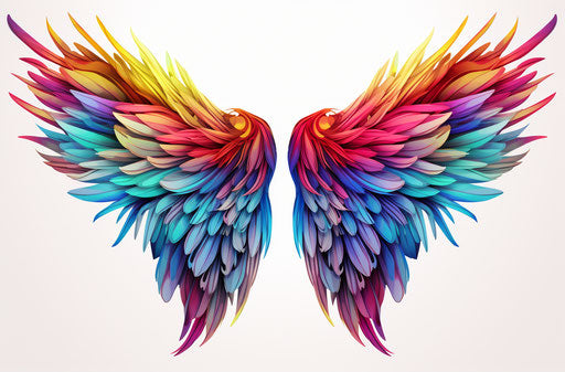 Colorful rainbow wings, surrealistic style, feathers, exotic birds, two-dimensional