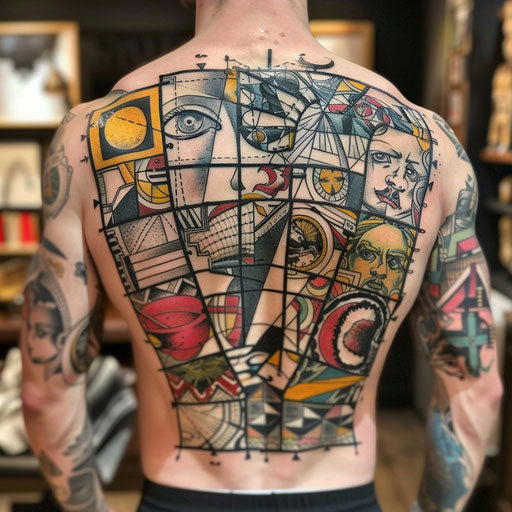 Art deco patchwork tattoo in the style of Steve Sack