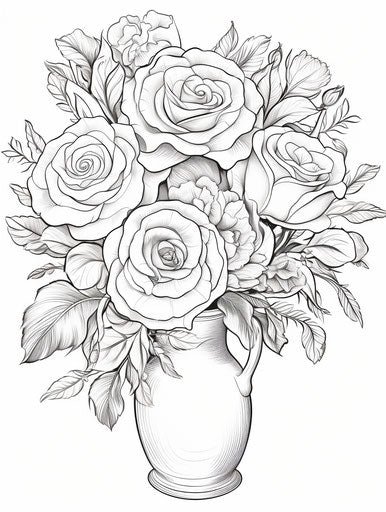 Roses in a vase coloring page outline, tender depiction of nature 3:4