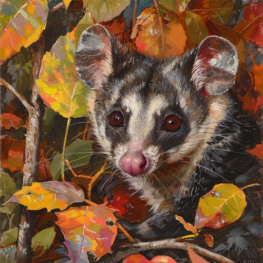 White-tail possum with colorful autumn leaves backdrop