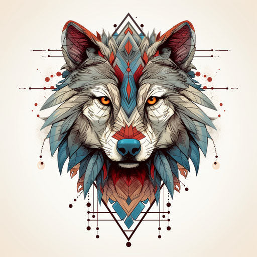 Rebel wolf symbol with triangles and feathers, intricate collage