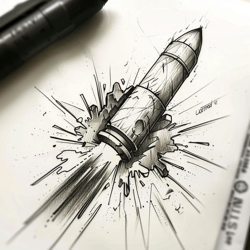 Bold flat sketch of a bullet with dramatic, detailed impact marks