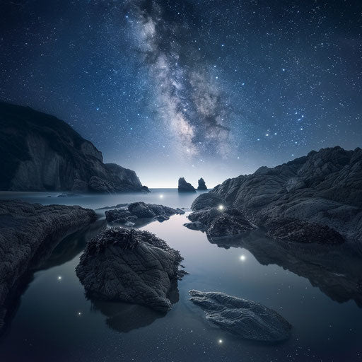 Rock beach at night with stars reflecting on the water