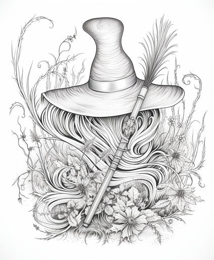 Halloween coloring page with witch hat, broom and broom, in the style of fantastical dreamscapes