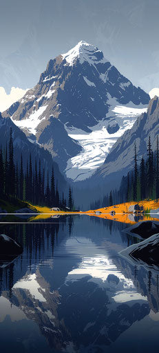 Vector art of Mount Rainier from the base with snow on top, surrounded by forest and rocks, clear blue sky.