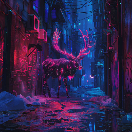 A neon elk in a cyberpunk alley, glow in the dark