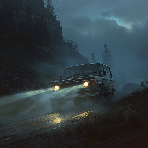 Headlights of a 1980 Range Rover in the night fog on a lonely mountain road