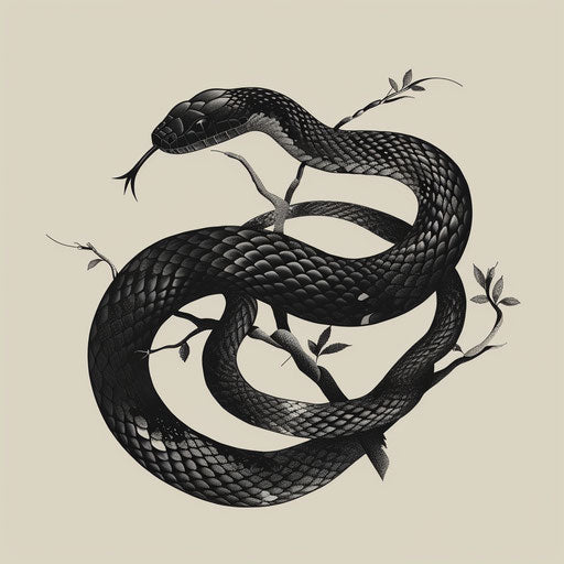 Exotic flat sketch of an obsidian snake coiling around a branch