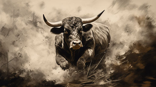 Black and white sketch of a bull, wet-on-wet style, 8k resolution, dusty heaps, prairiecore, animated gifs, golden age illustrations, wildlife muralism 16:9