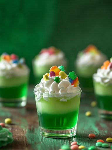 Green jello shots with whipped cream and rainbow candy