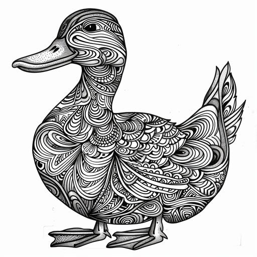 Intricate zentangle-style duck with complex patterns - Coloring book page