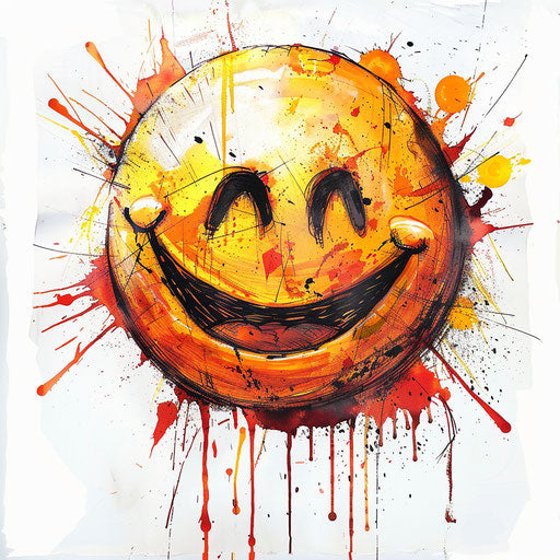 Graffiti-style smiley face tattoo artwork with spray paint effect, on white