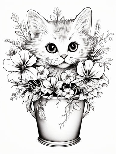 A cute cat in a flower vase coloring page