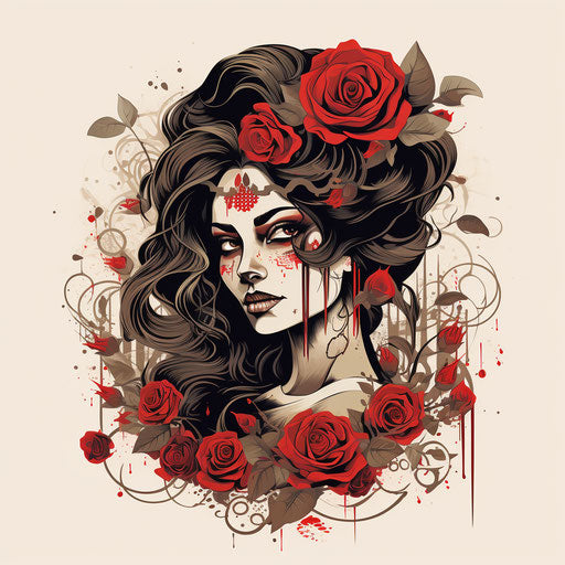 Woman and roses, logo style, strong expression