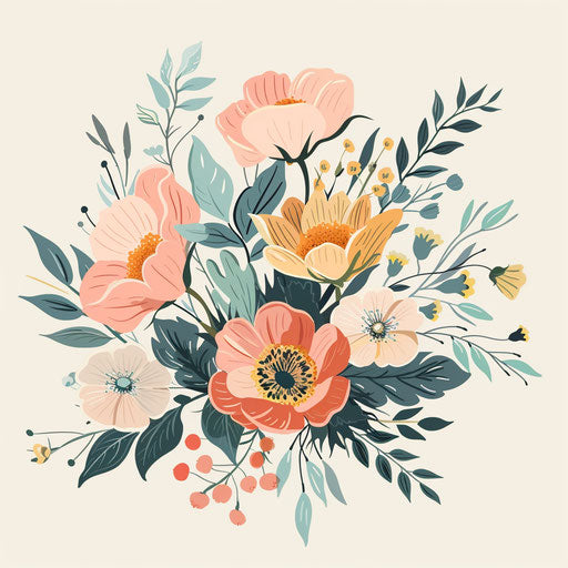 Elegant flat tattoo sketch of a floral bouquet in pastel tones