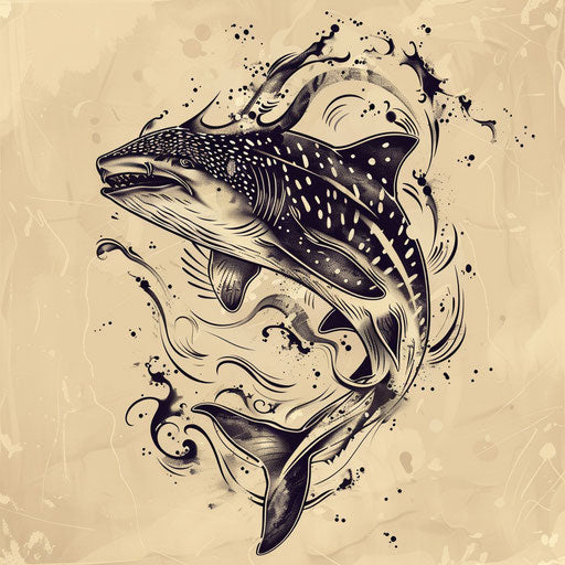 Dynamic flat tattoo sketch of a whale shark with abstract, swirling ocean currents