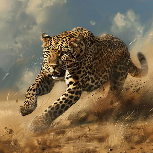 Leopard sprinting across the African plains