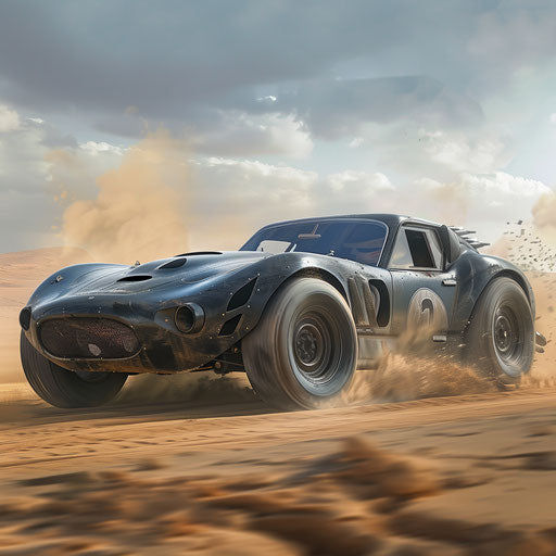Vintage Shelby Daytona hotrod with oversized tires and supercharged engine, roaring through a desert landscape