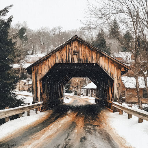 Wooden covered bridge over road in winter