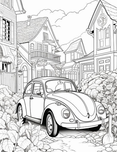 Beetle and car in a little patch of wildness - coloring pages