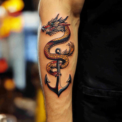 Dragon arm tattoo with coiled anchor, Sailor Jerry style