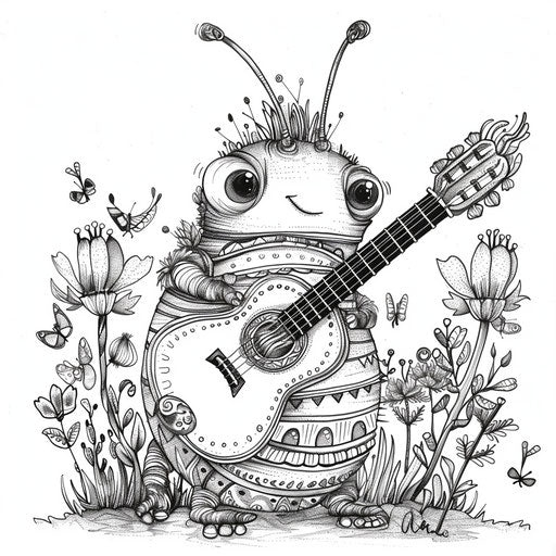 A whimsical caterpillar playing a tiny guitar
