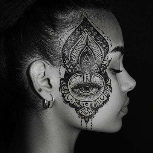 Facial tattoos for women with vibrant mandala designs, in the style of Guy Aitchison