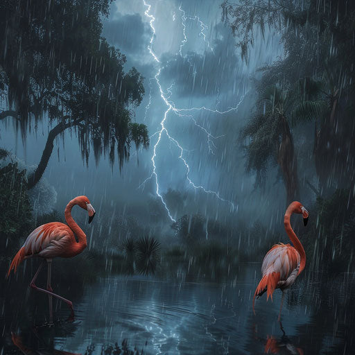 Flamingos in lightning storm with dramatic contrast