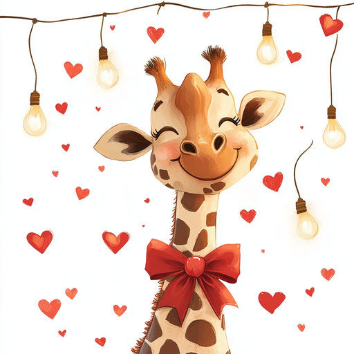 Happy giraffe with bow and red hearts, surrounded by lights