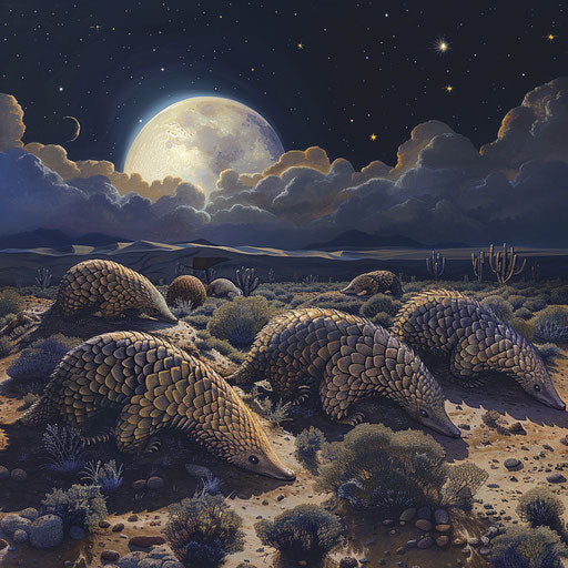 Nocturnal parade of pangolins in a moonlit desert