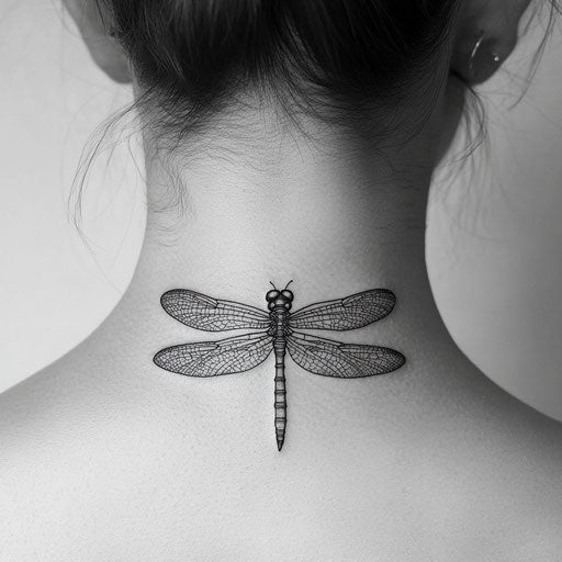 Men's small neck tattoo with dragonfly in dark ink
