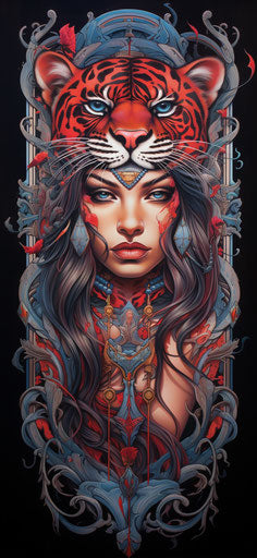 Poster with Indian tattoo, Lisa Parker style, light red and blue, new fauves