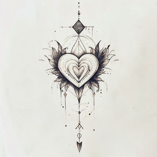 Geometric heart with delicate linework for women's sternum tattoo