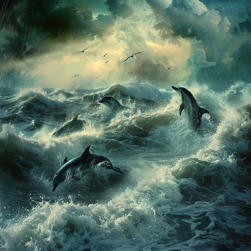 Storm at sea with dolphins navigating through high waves