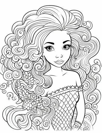 Mermaid with an oblong tail coloring page for kids, in the style of pop colorism, intricate costumes, subtle, sculpted, exotic 24:31