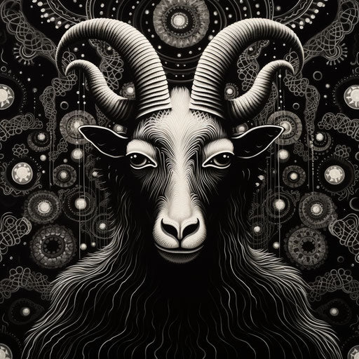 Goat with long horns poster, intricate blackwork style
