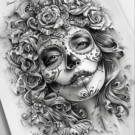 Tattoo sketch of a detailed Chicano art La Catrina with dark shading