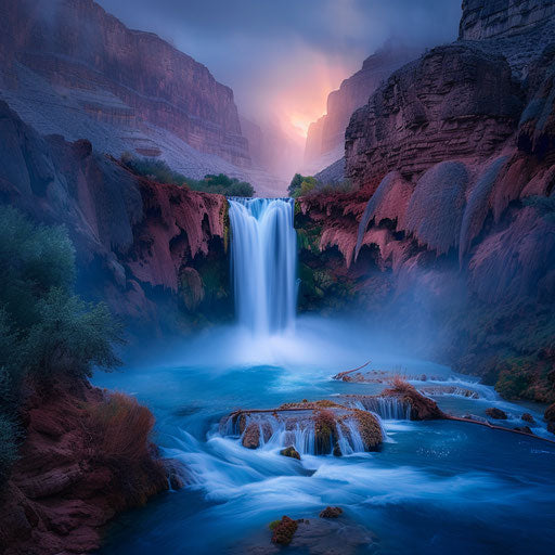 Havasu Falls with moody atmosphere and powerful flow
