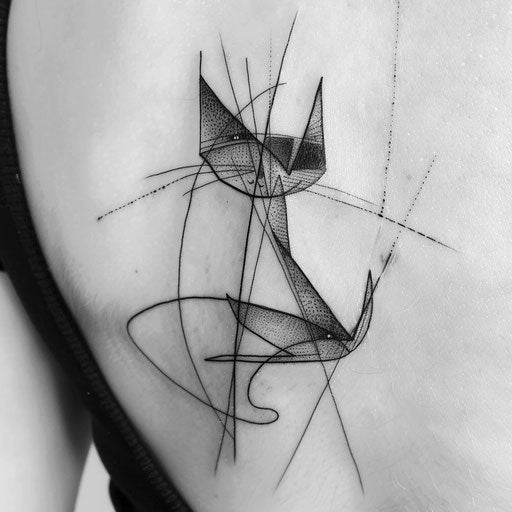 Geometric black cat tattoo on white canvas