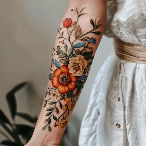 Forearm tattoos for women in the style of Maria Sibylla Merian with floral designs