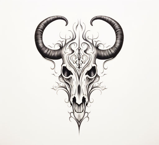 Cow horn tattoo in skull motif on white background