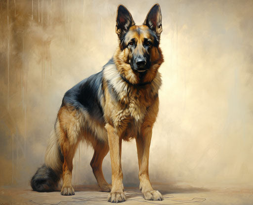German shepherd on white background, Lee Bogle style, strong contrast