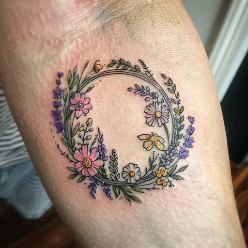 Wildflower wreath tattoo, circular design, soft pinks and purples, delicate lines