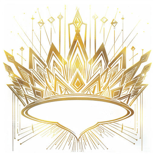 Art deco queen crown tattoo design with symmetrical lines and metallic gold ink