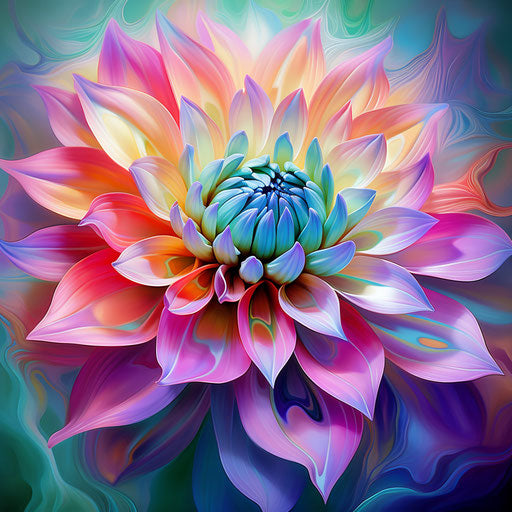 Colorful flower in pink and green, light teal and light purple style
