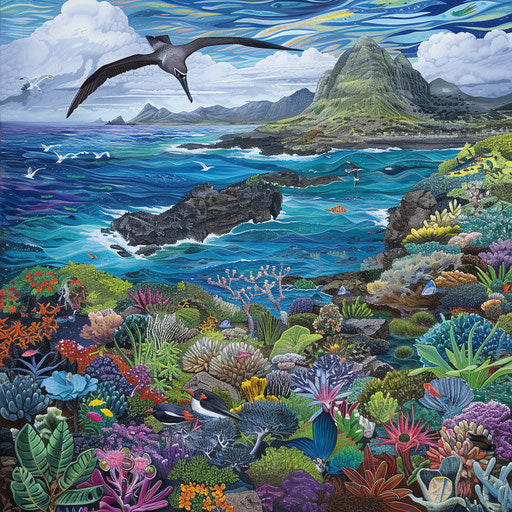 Vibrant ecosystem of a tropical island with black-footed albatross flying above
