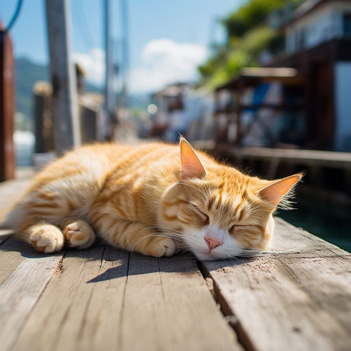 Manx cat lying on a dock